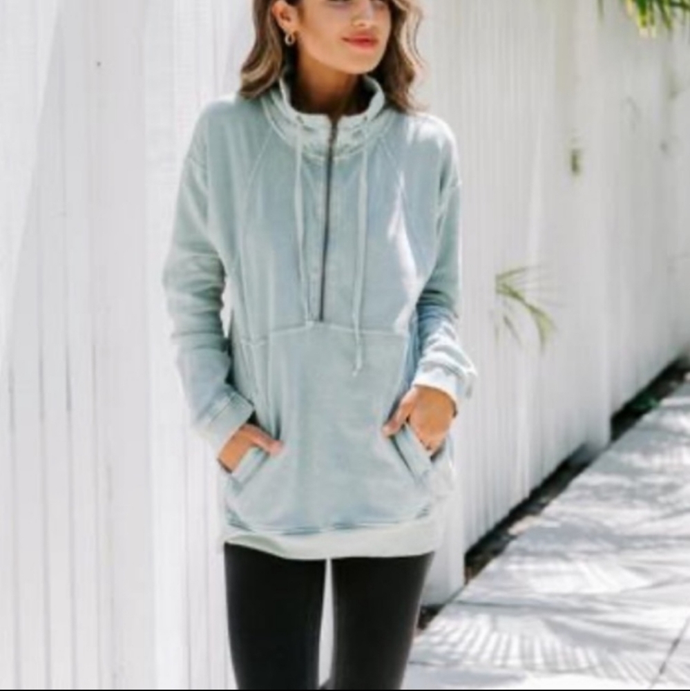 LONG WEEKEND COTTON POCKETED HALF ZIP PULLOVER - MINT